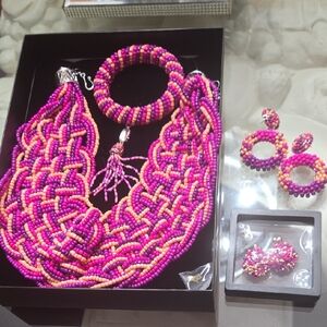 6 Pc- Vibrant Pink and Orange Beaded Jewelry Set